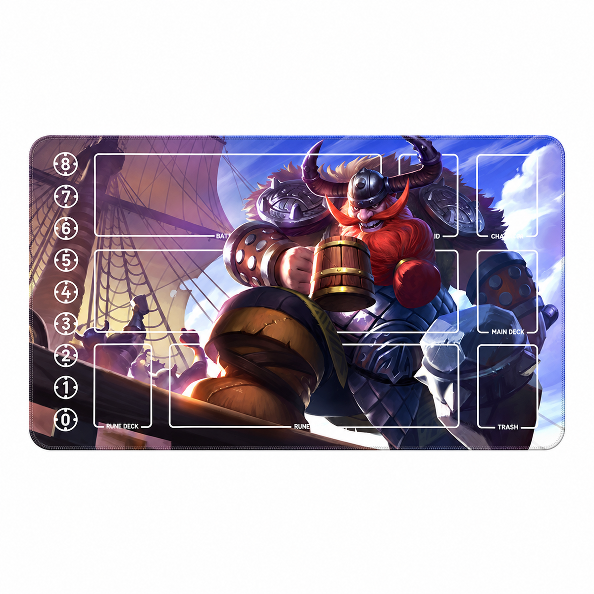 Gragas Riftbound playmat full view with supplied guides and 8-to-0 track