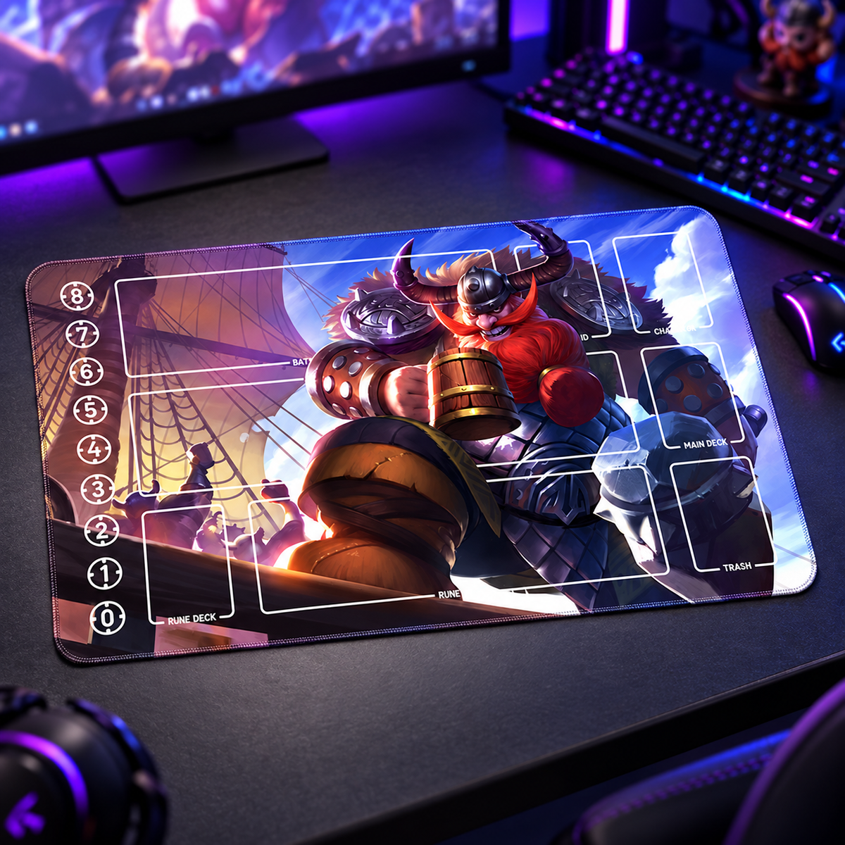 Gragas Armored Voyage Riftbound playmat on a dark gamer desk with violet and blue ambient lighting