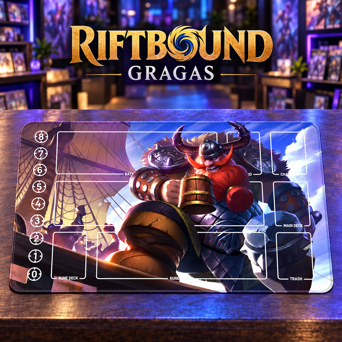 Gragas Armored Voyage Riftbound TCG playmat in a card-store setting