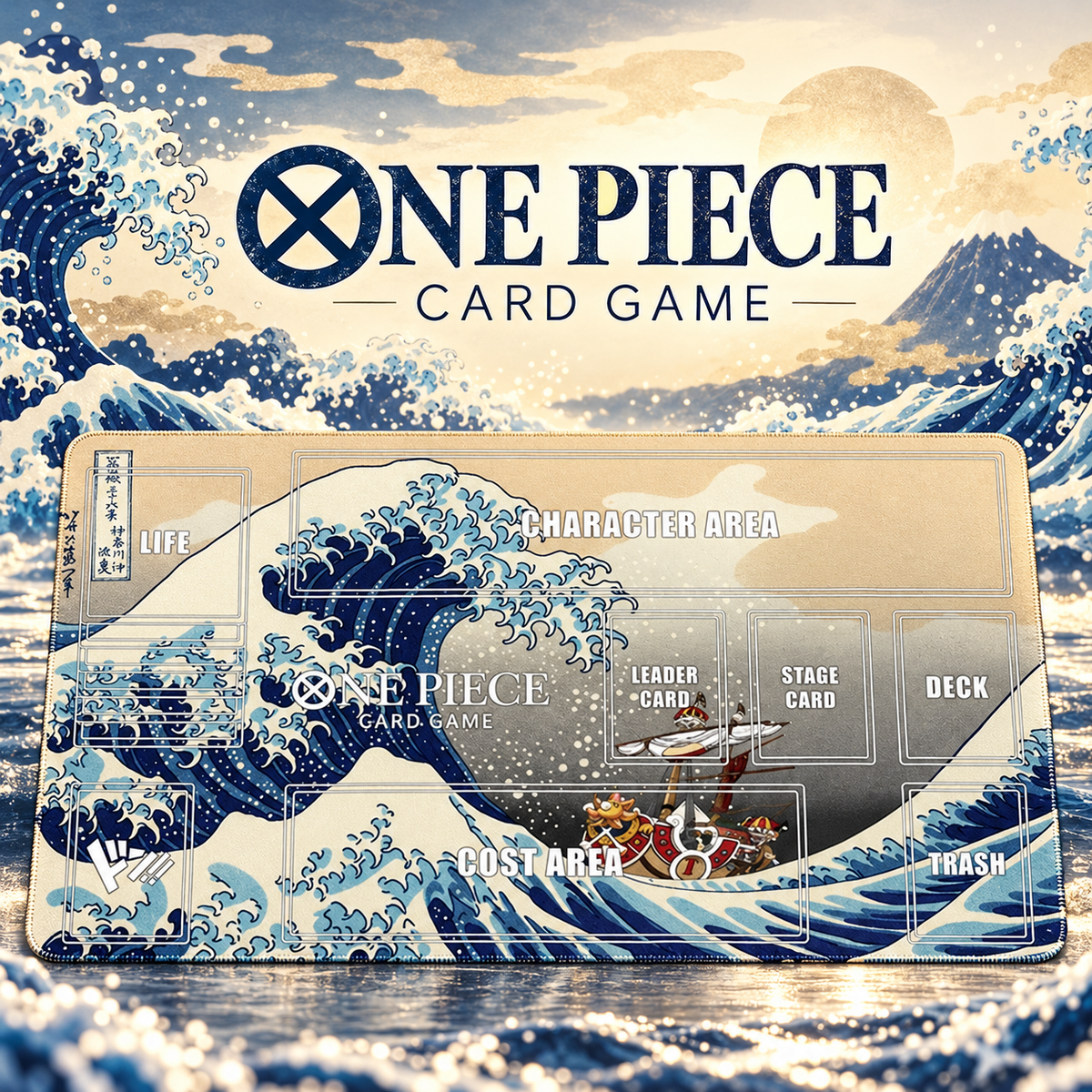 Great Wave Thousand Sunny One Piece zoned playmat, themed hero with game heading