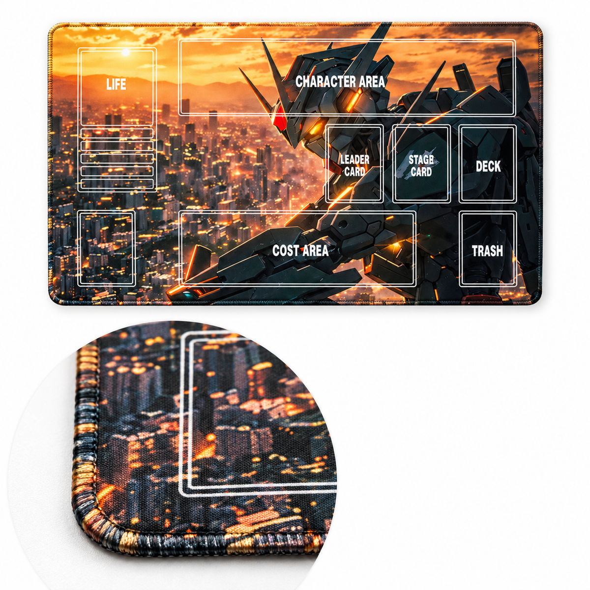 Gundam Astray playmat corner showing artwork-colored stitching