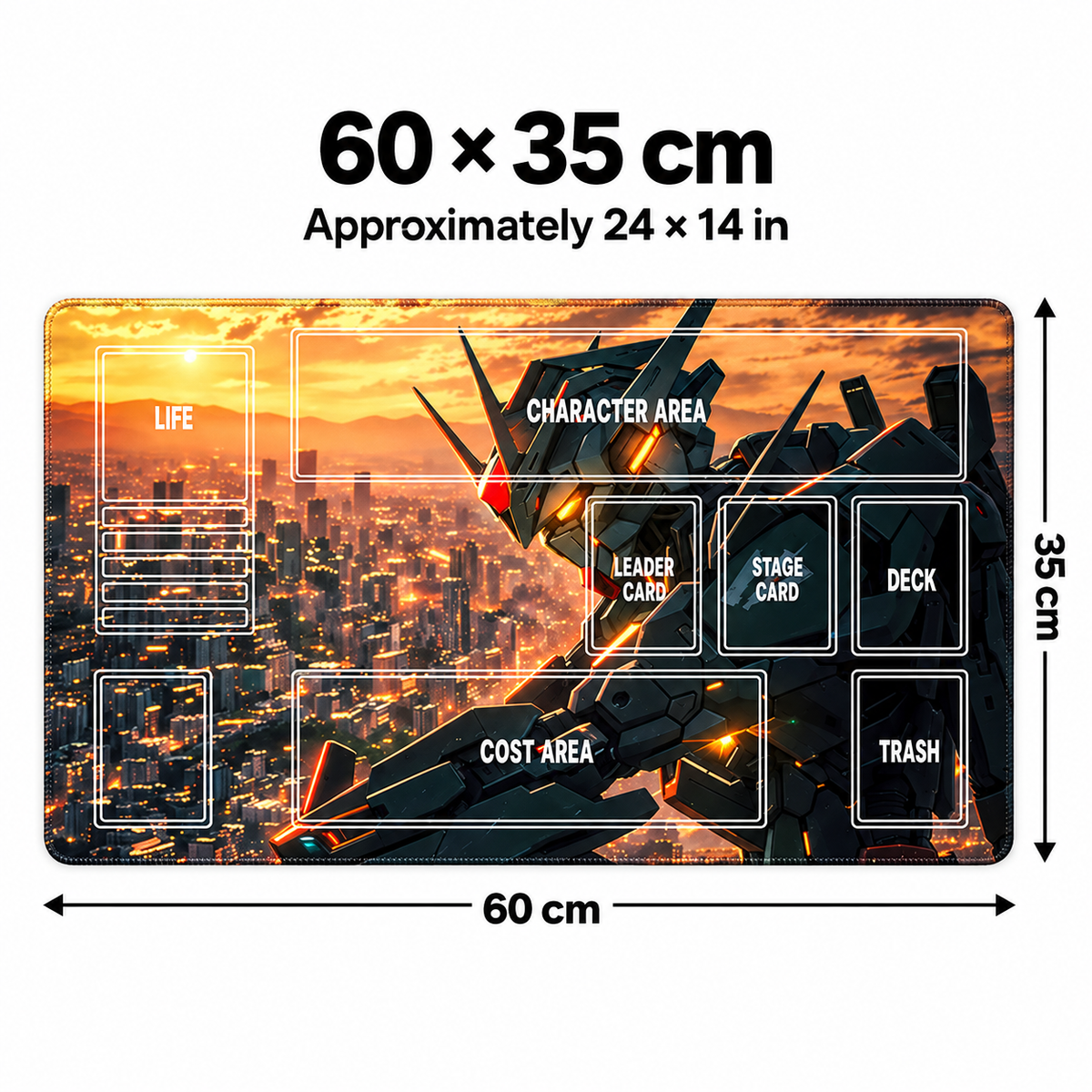 Gundam Astray playmat dimensions: 60 × 35 cm, approximately 24 × 14 inches