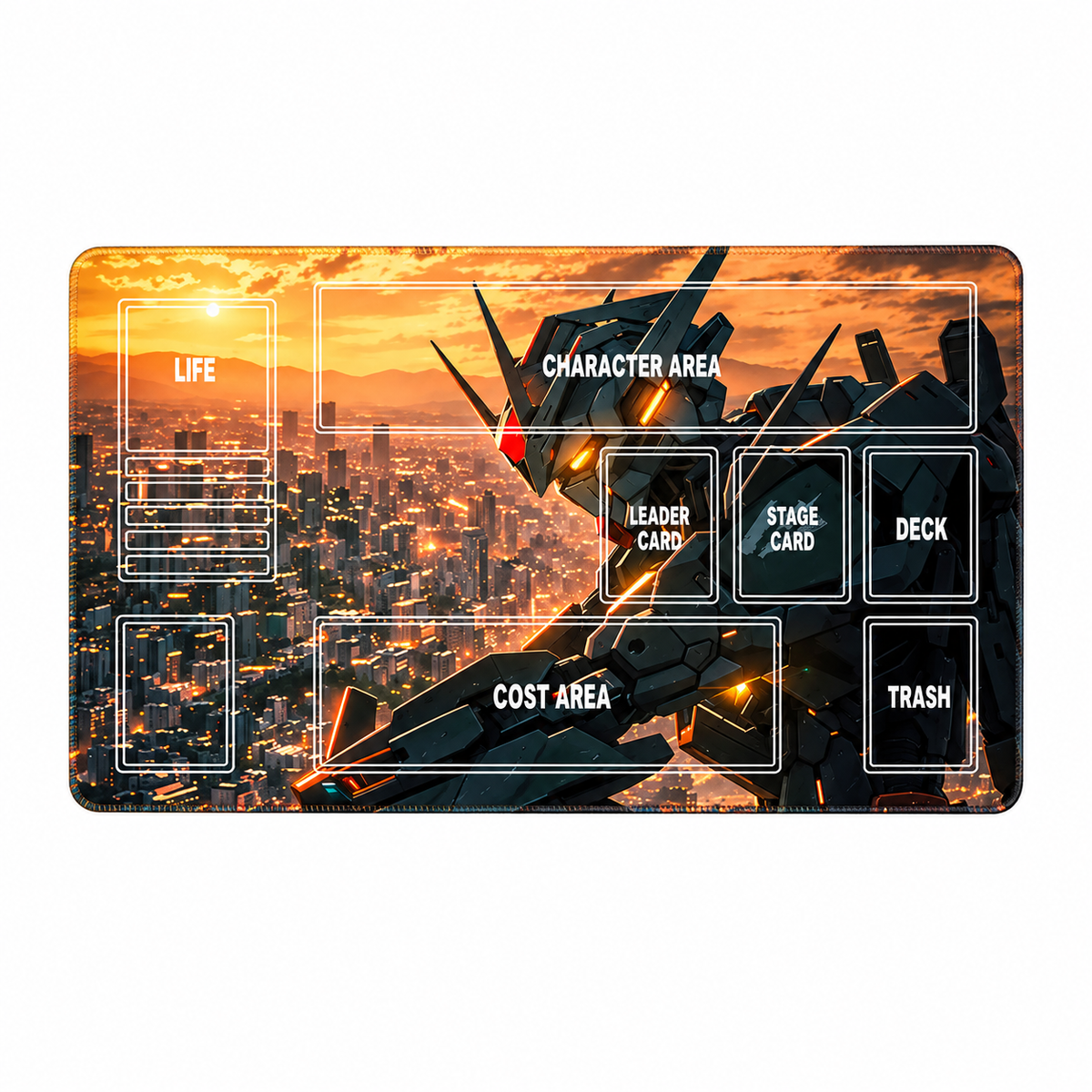Gundam Astray Sunset City playmat full view with supplied card guides