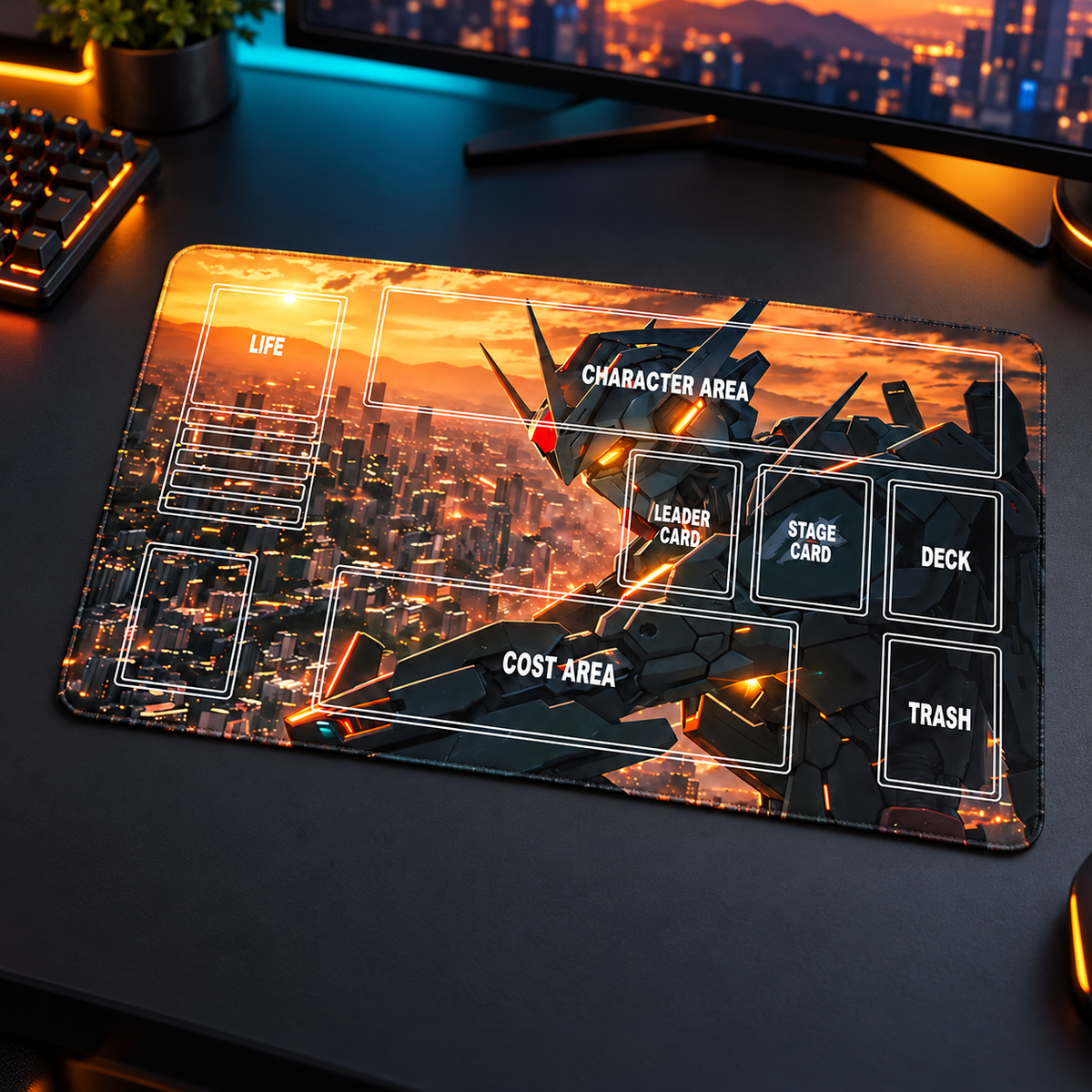 Gundam Astray Sunset City TCG playmat on a dark gaming desk with ambient RGB lighting
