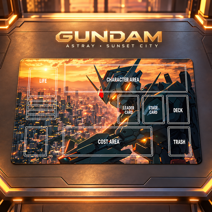Gundam Astray Sunset City TCG playmat on a themed gaming table