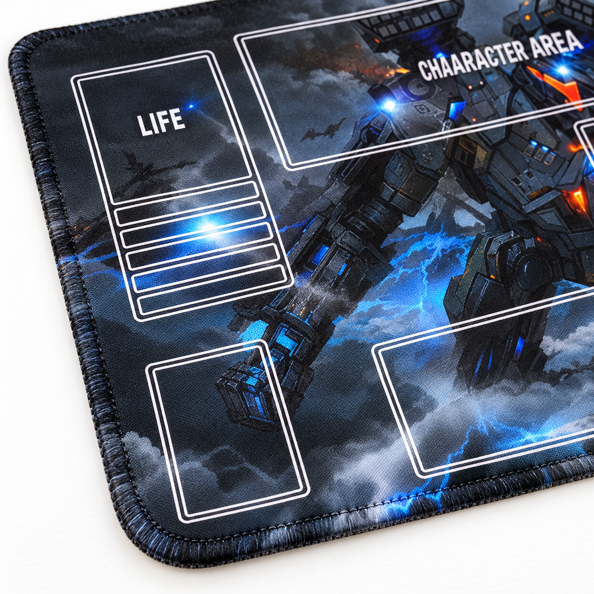 Gundam Stormfront playmat corner showing stitching matching the artwork colors