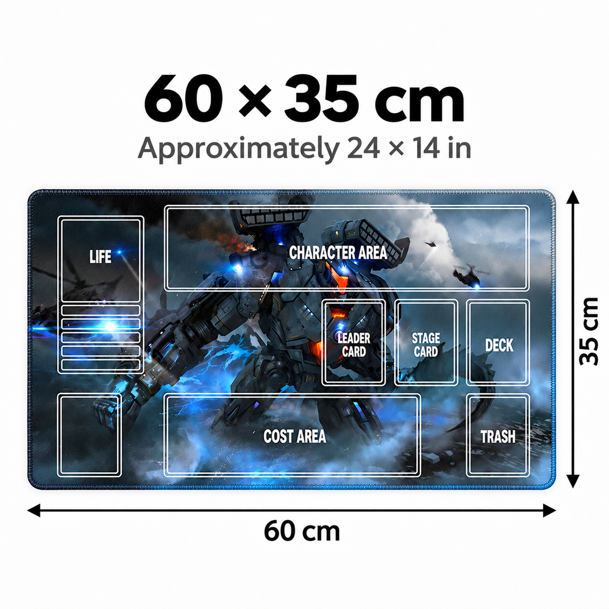 Gundam Stormfront TCG playmat dimensions: 60 × 35 cm, approximately 24 × 14 inches