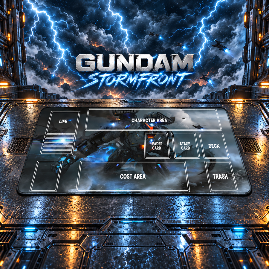Gundam Stormfront TCG playmat on a futuristic storm-themed gaming table