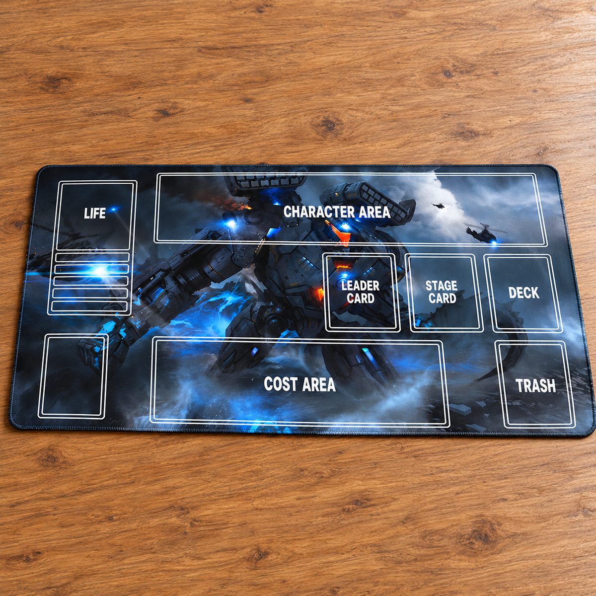 Gundam Stormfront TCG playmat angled on a wood tabletop with artwork-colored stitched edges