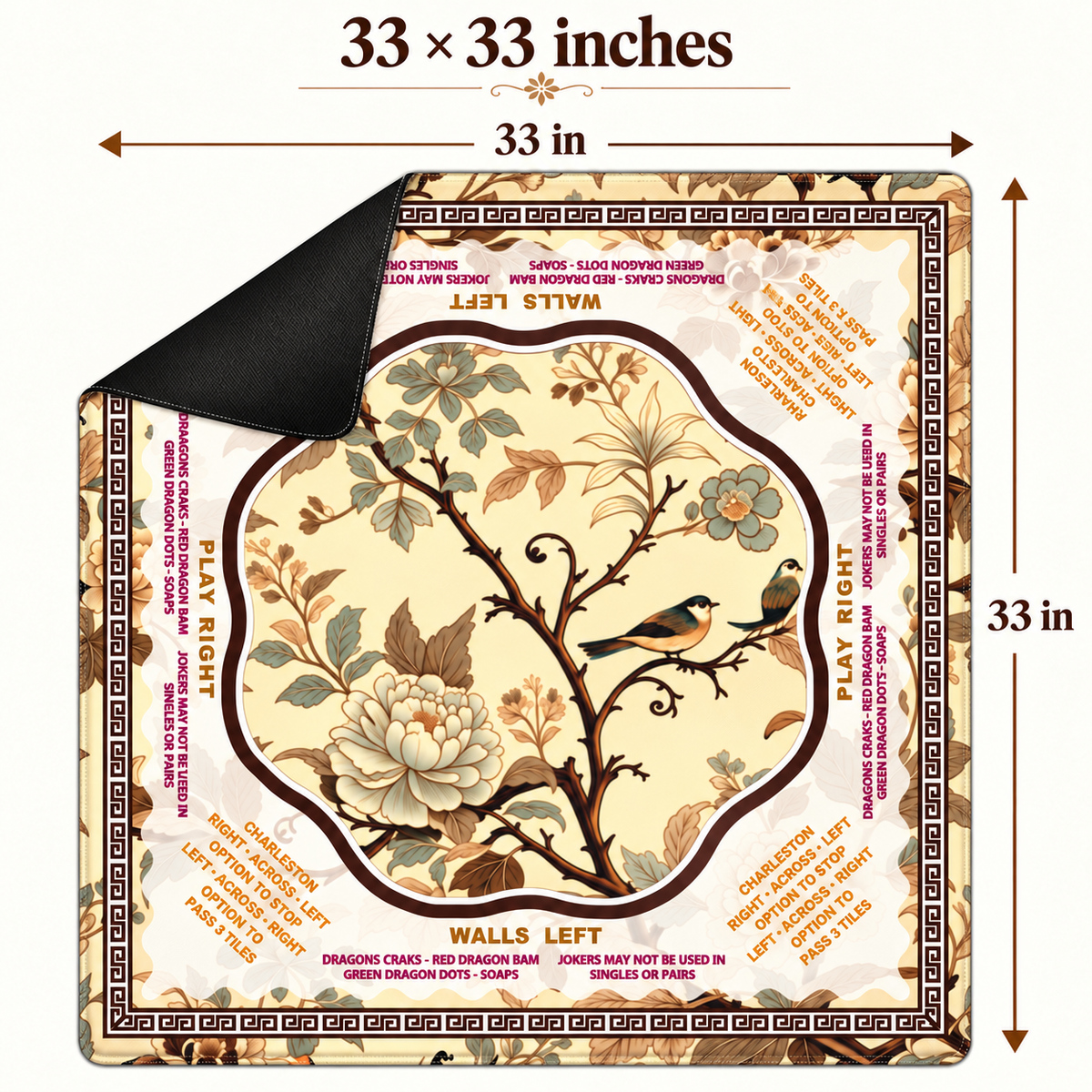 Heritage Garden Mahjong Mat — Birds, Florals & Charleston Rules — 33 × 33 inch size option