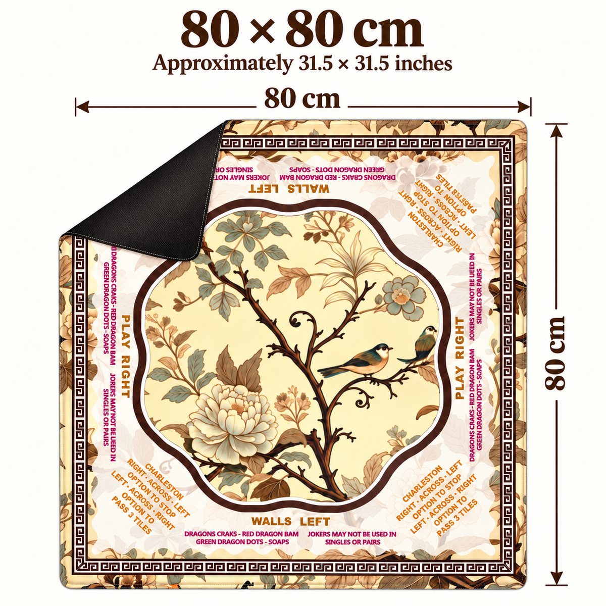Heritage Garden Mahjong Mat — Birds, Florals & Charleston Rules — 80 × 80 cm size option, approximately 31.5 × 31.5 inches
