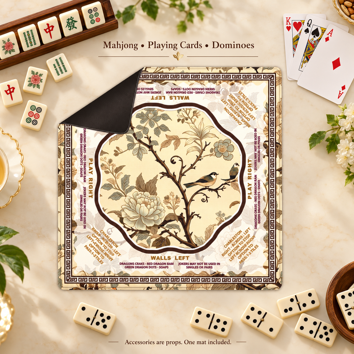 Heritage Garden Mahjong Mat — Birds, Florals & Charleston Rules — mahjong, cards and domino scenarios; accessories are props; one mat included