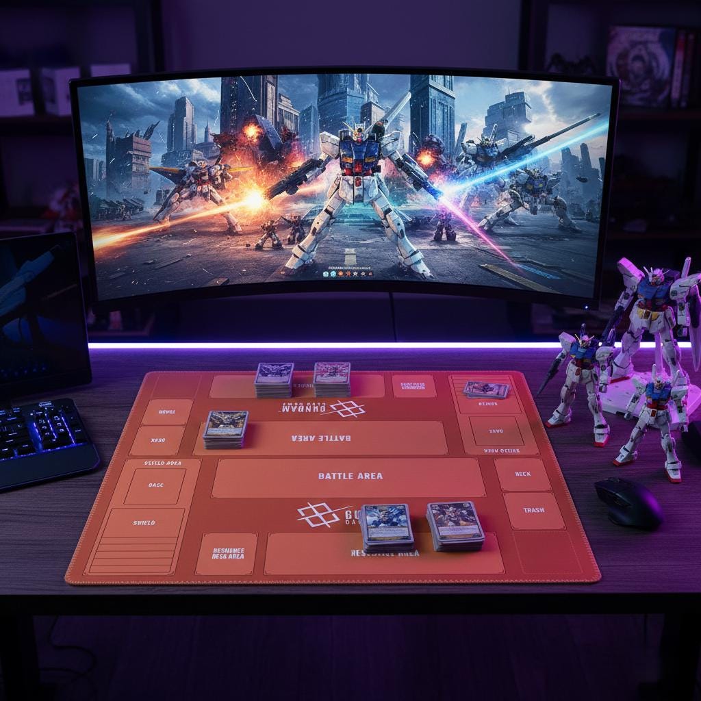Duo Gundam Playmat | 2 Player TCG Battle Mat | Double Field Resource & Battle Zones | Two-Player Layout Orange | 60 X 60cm
