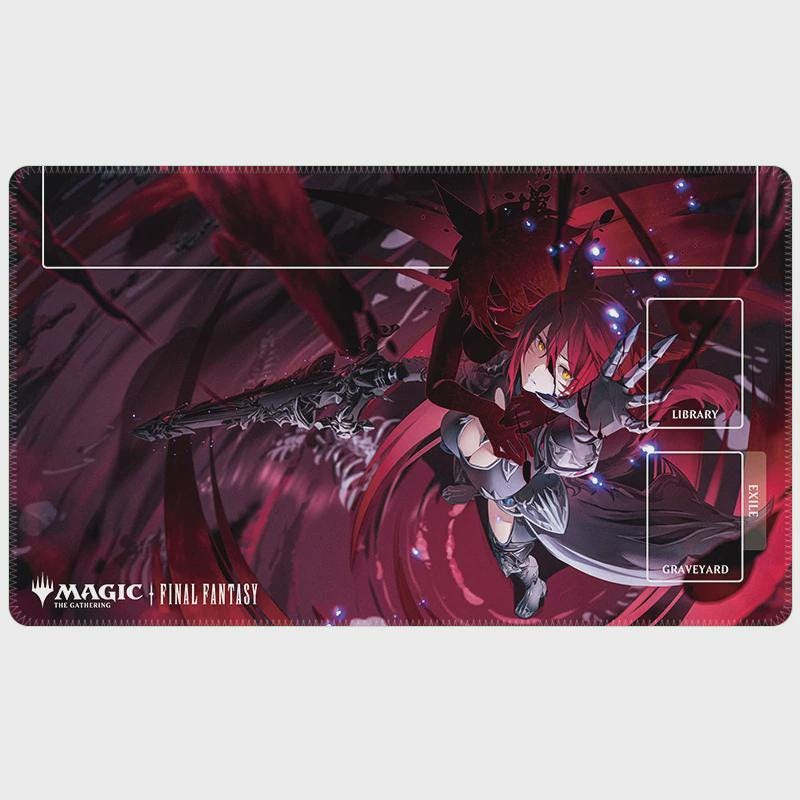 Crimson Anime Warrior Playmat for MTG | TCG Game Mat with Library & Graveyard Zones | Final Fantasy x Magic Style Desk Mat | 24 x 14 inches