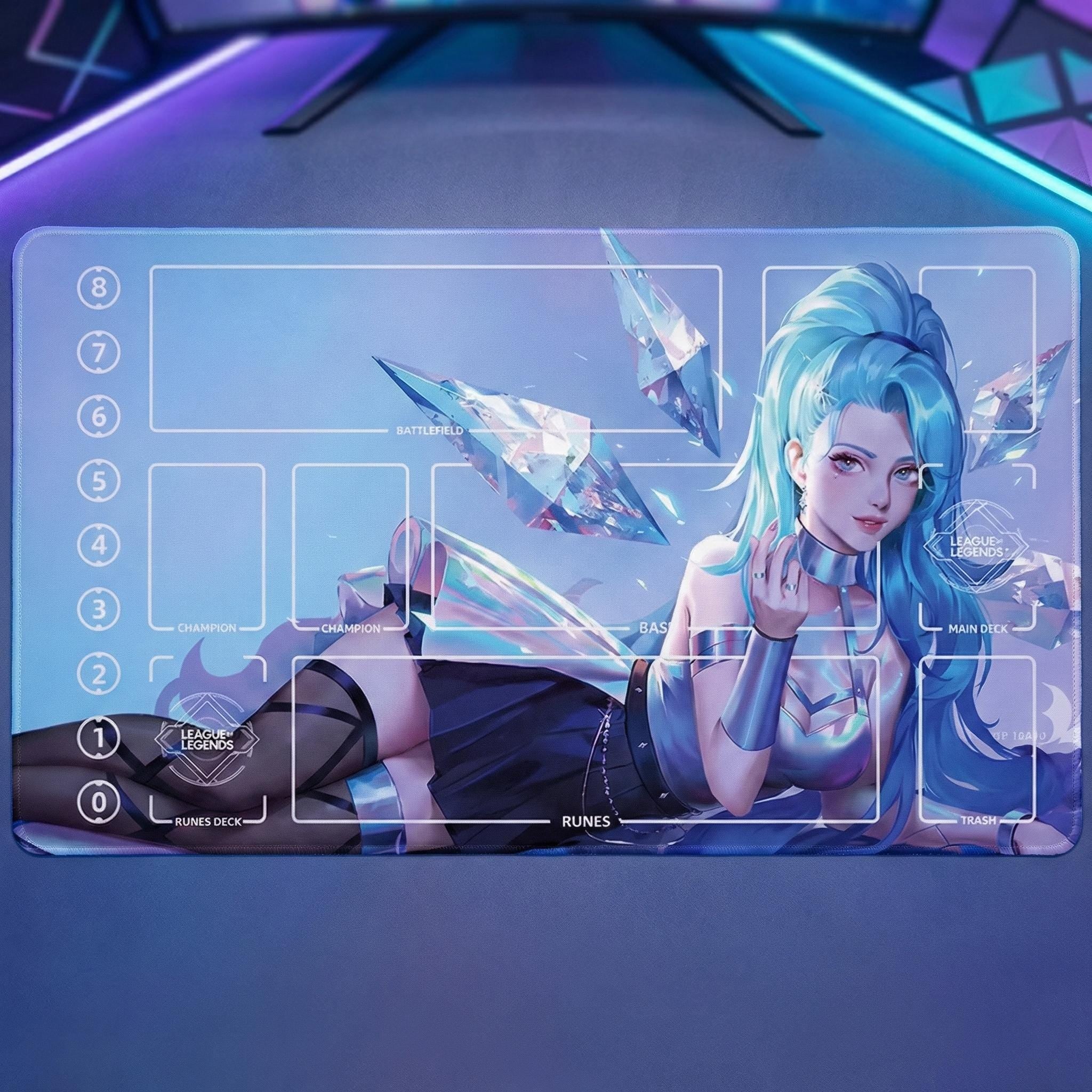Seraphine Riftbound Playmat Stitched Edges - K/DA ALL OUT Seraphine League of Legends Inspired Trading Card Game - 24" x 14" inches