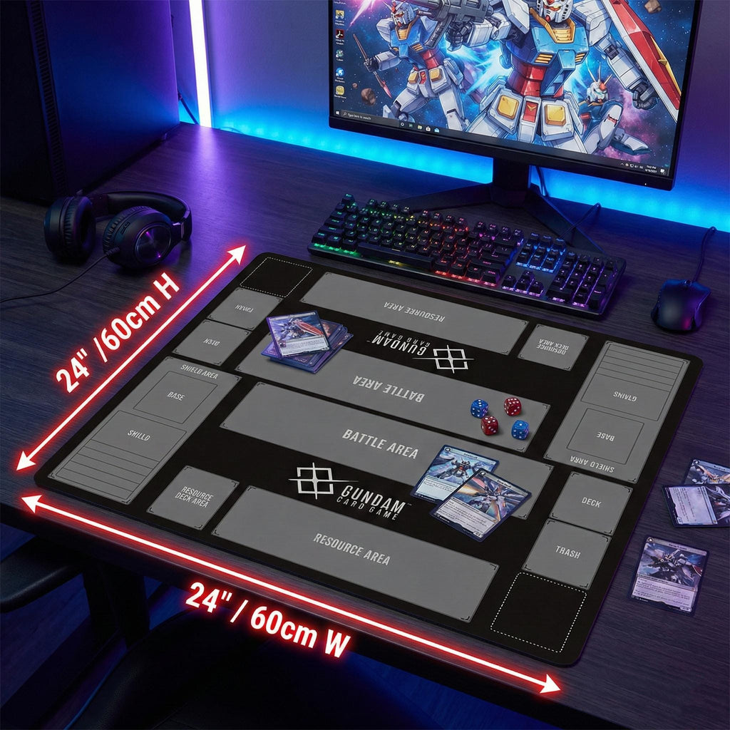 Duo Gundam TCG Playmat | 2 Player Card Game Battle Mat | Double Field Resource & Battle Zones | Two-Player Layout 600x600x2mm | Black