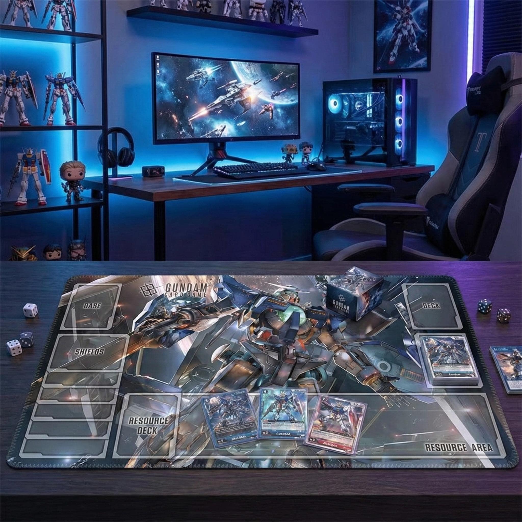 Gundam Card Game Playmat with Zones, 24x14 TCG Mat, Anime Desk Mat, Mecha Gaming Pad, Gundam TCG Gift for Him, Stitched Edge Card Mat