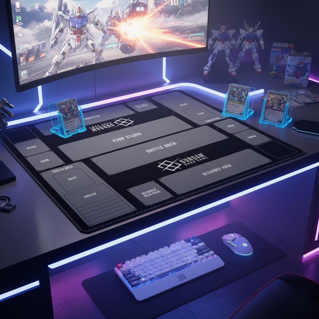 Duo Gundam TCG Playmat | 2 Player Card Game Battle Mat | Double Field Resource & Battle Zones | Two-Player Layout 600x600x2mm | Black