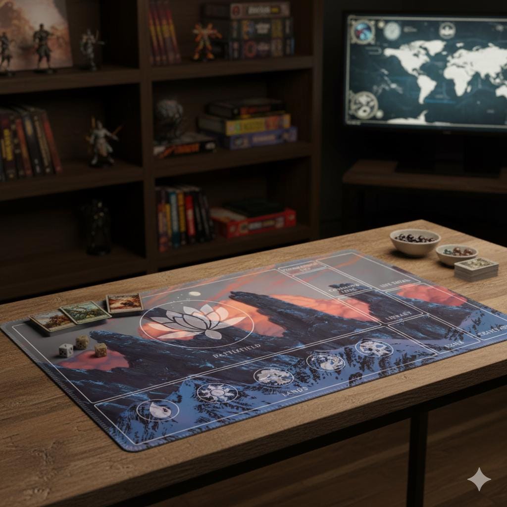 MTG Commander Playmat with Zones | Snowy Mountain Sunset Art | Magic the Gathering EDH Accessories | 5 Color Mana Layout | TCG Desk Mat