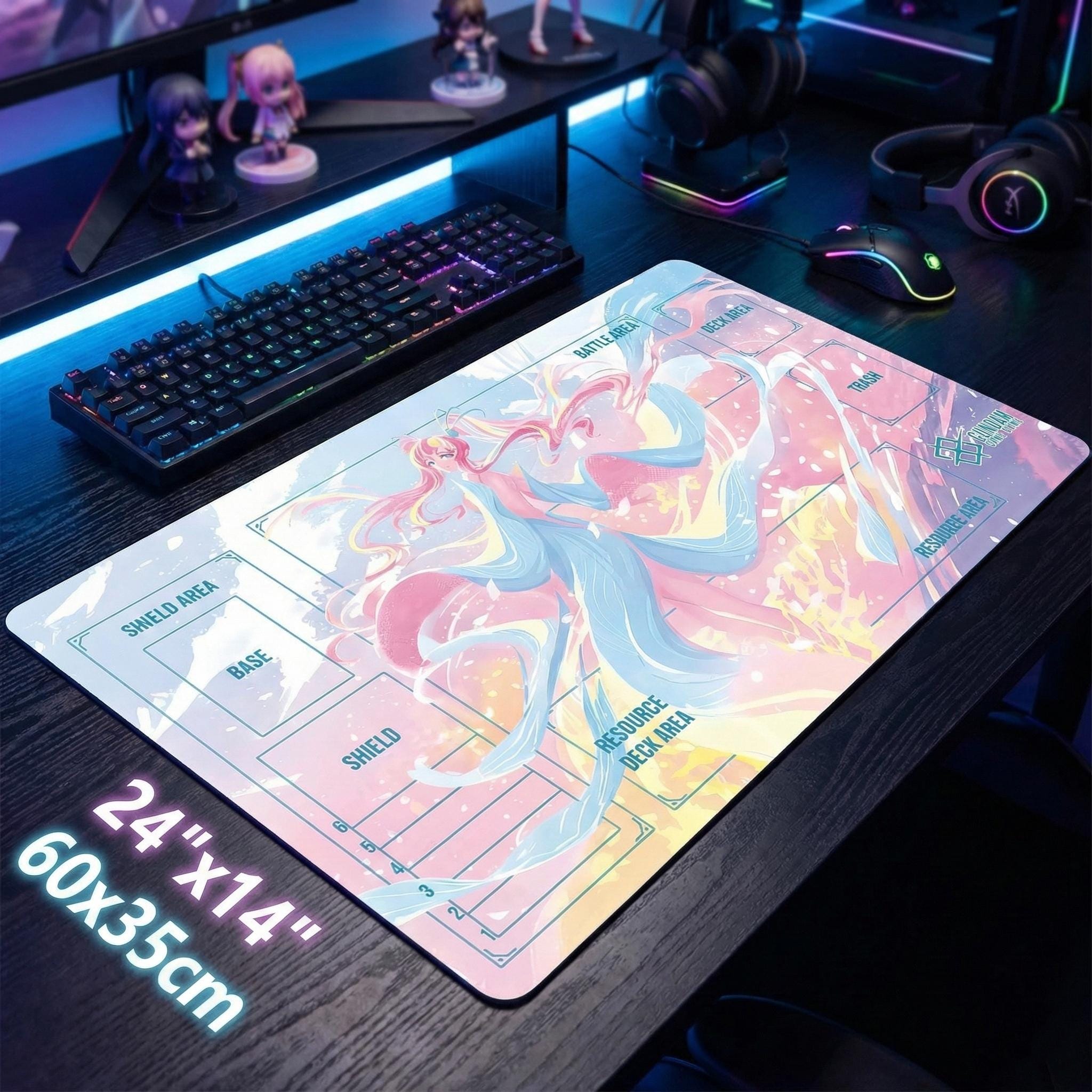 Lacus Clyne Gundam Card Game Playmat with Zones | Pink Cherry Blossom GCG Mat 24x14 | Gundam SEED Anime Desk Mat | TCG Gift for Players