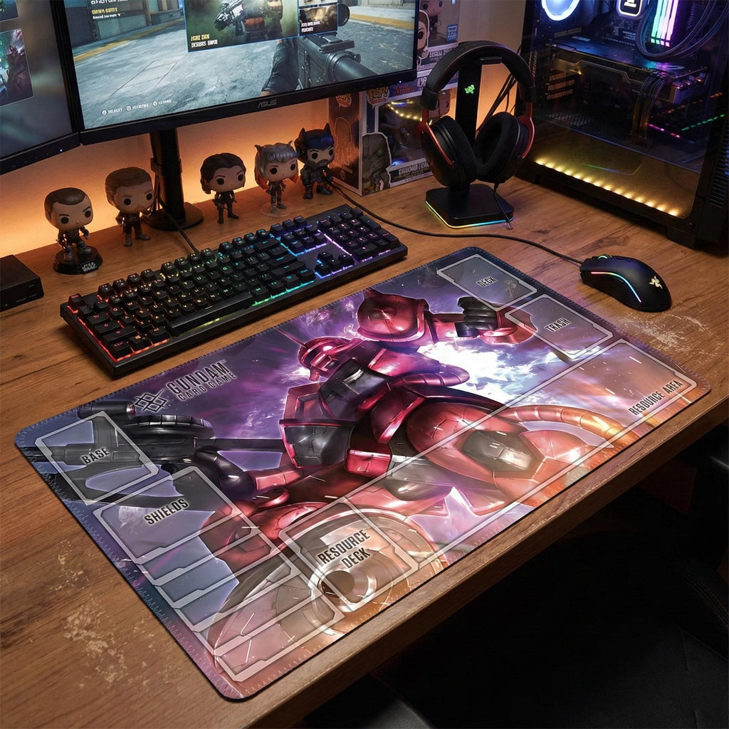 Char Aznable Ms-06S Zaku II Gundam Card Game Playmat with Zones | Red Comet GCG Mat 24x14 | Mecha Anime Desk Mat | Gaming Gift for TCG Fans