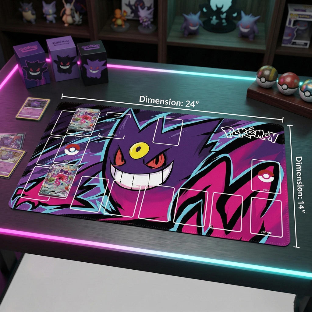 Gengar Pokemon Playmat | Ghost TCG Card Game Mat 24x14" | Gengar Ghost Poison Aesthetic Gaming Desk Mat with Zones