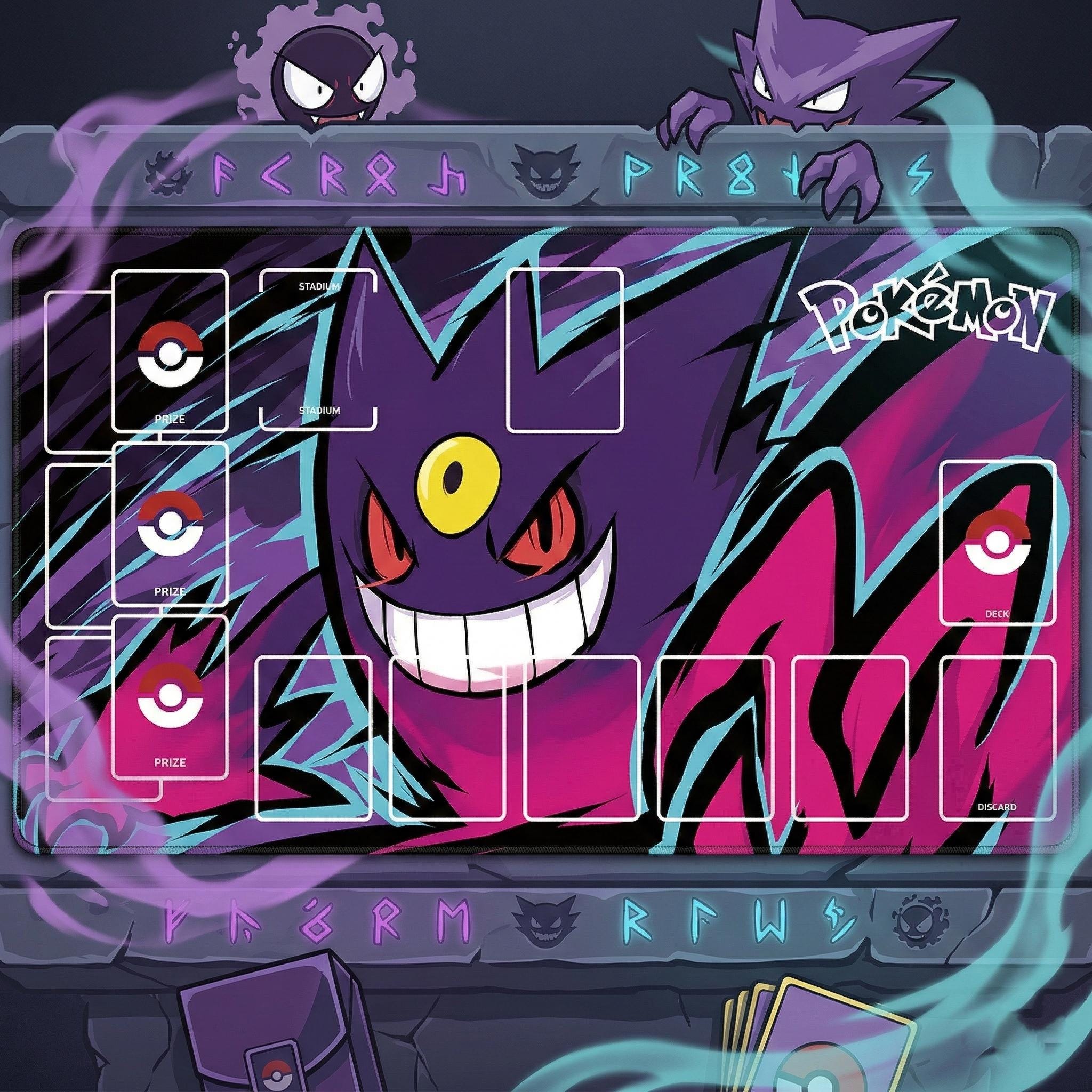 Gengar Pokemon Playmat | Ghost TCG Card Game Mat 24x14" | Gengar Ghost Poison Aesthetic Gaming Desk Mat with Zones