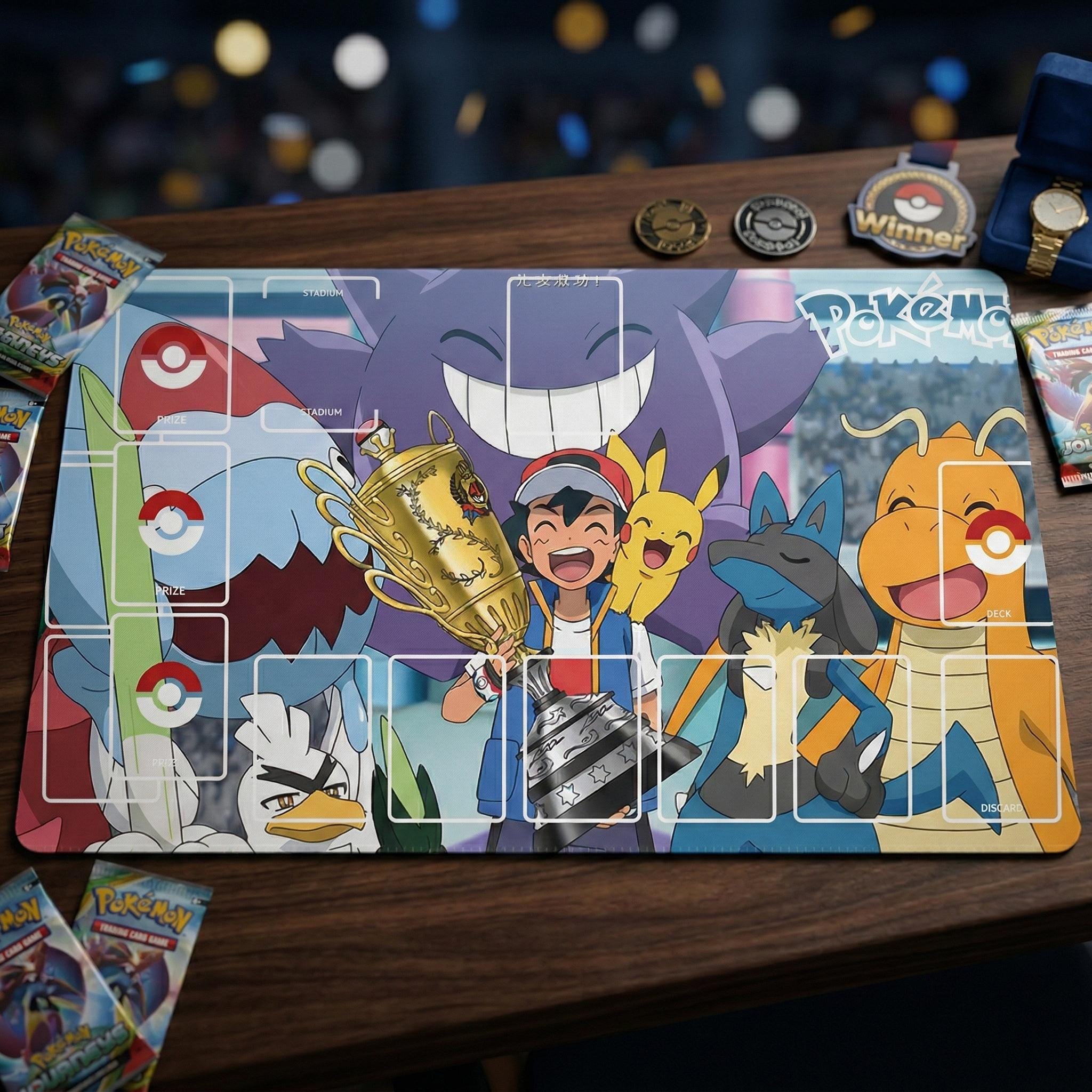 Ash Ketchum Pikachu Gengar Pokemon Playmat | Pokemon Ultimate Journeys Series Playmat | 24x14 Inch