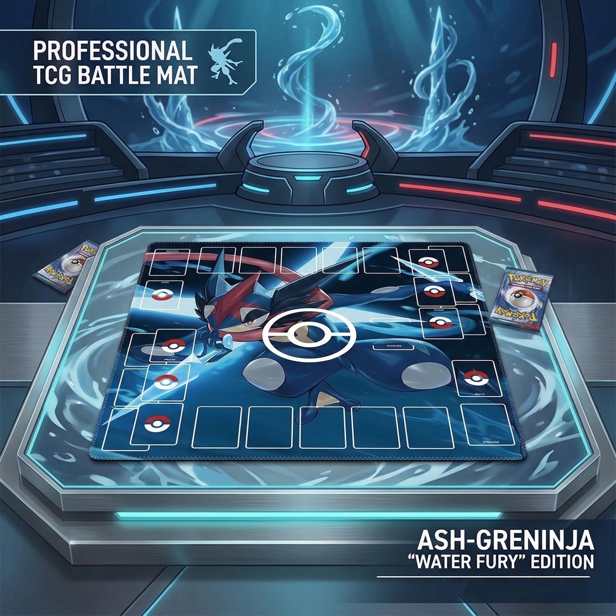 Ash Greninja Duo Pokemon Playmat | 2 Player TCG Battle Mat | Double Field Resource & Battle Zones | Two-Player Layout | 24 x 24 inches