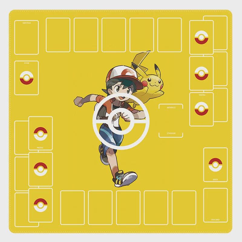 Duo Pokemon Playmat | Ash Ketchum Pikachu 2 Player TCG Battle Mat | Double Field Resource & Battle Zones | Two-Player Layout | 24" x 24"