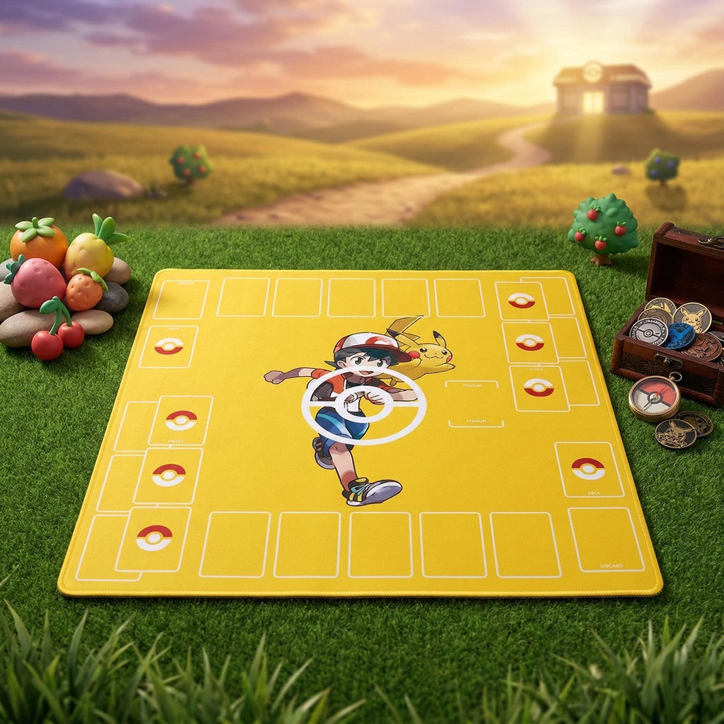 Duo Pokemon Playmat | Ash Ketchum Pikachu 2 Player TCG Battle Mat | Double Field Resource & Battle Zones | Two-Player Layout | 24" x 24"