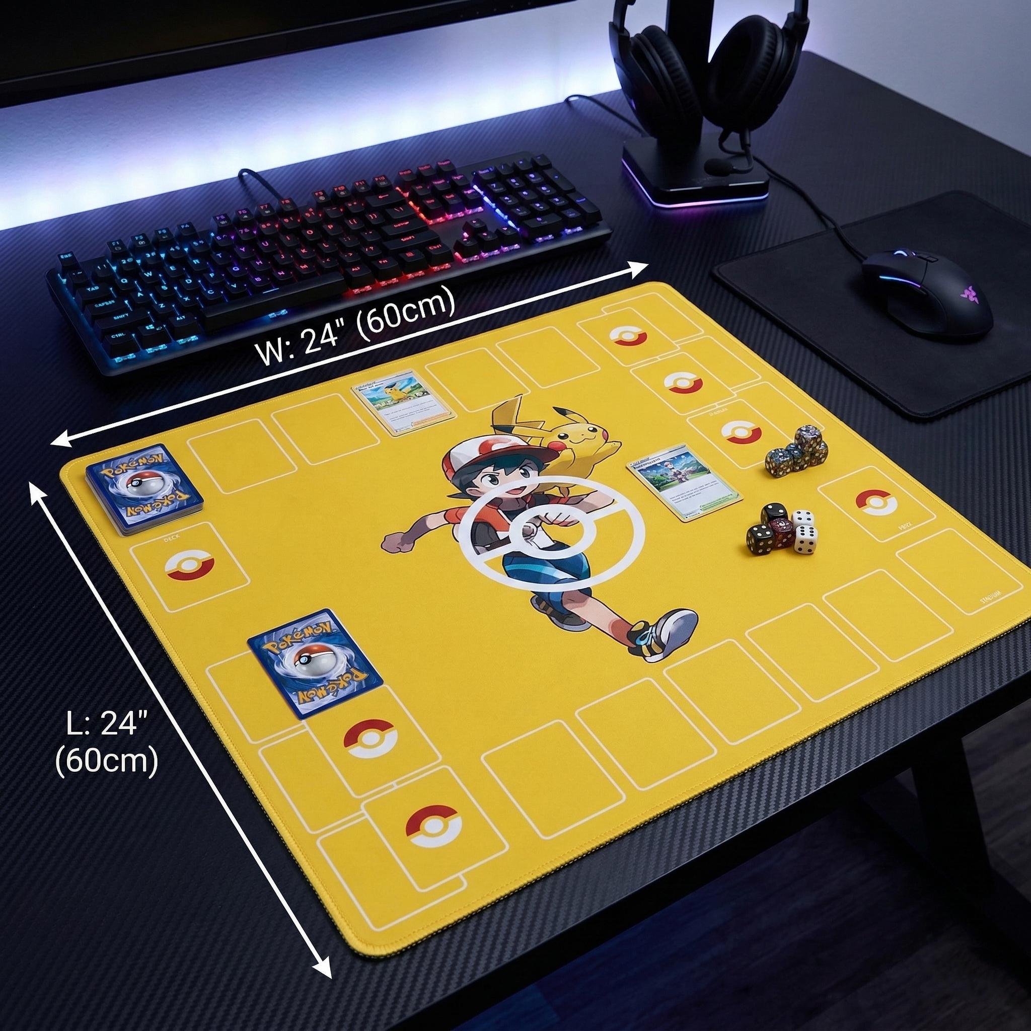 Duo Pokemon Playmat | Ash Ketchum Pikachu 2 Player TCG Battle Mat | Double Field Resource & Battle Zones | Two-Player Layout | 24" x 24"