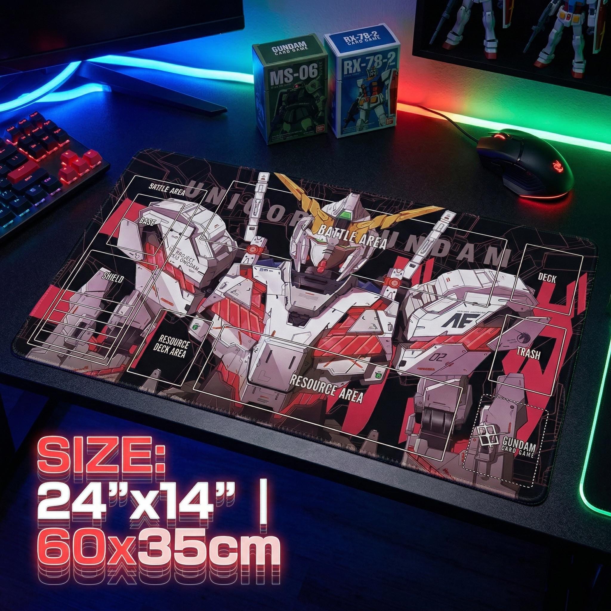 Unicorn Gundam TCG Playmat with Zones | 24x14 RX-0 Mecha Card Game Mat | GCG Accessories | Stitched Edges