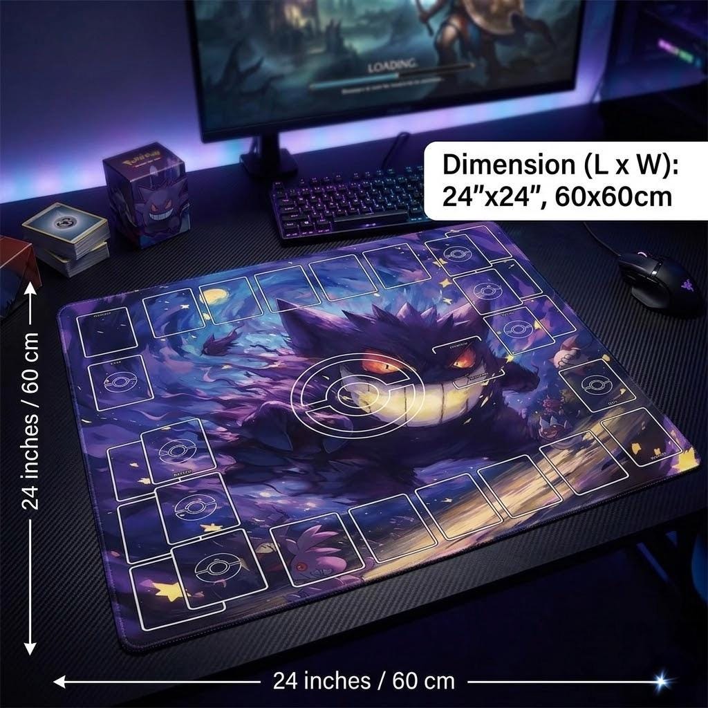 Gengar Ghost Duo Pokemon Playmat | 2 Player TCG Battle Mat | Multi-Color Pokemon Duo Mat | Two-Player Layout | 24 x 24 inches
