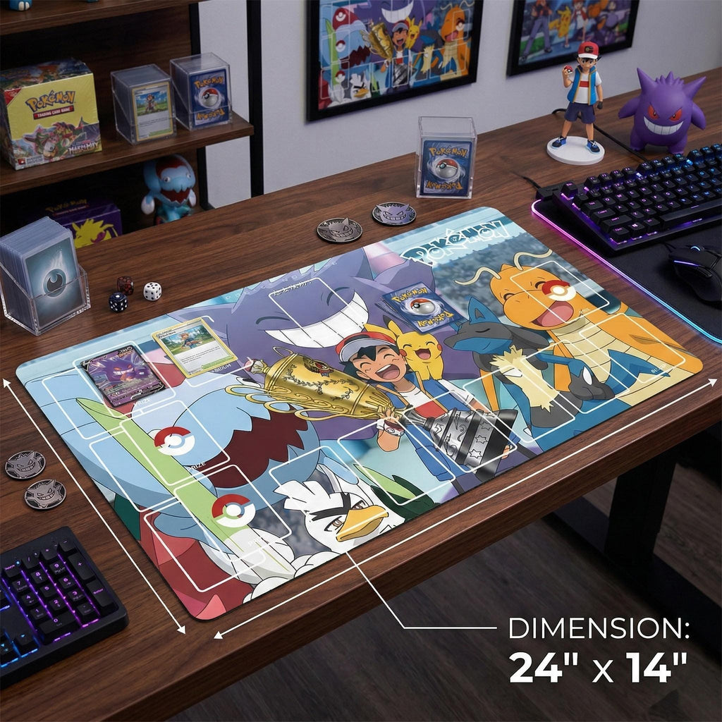 Ash Ketchum Pikachu Gengar Pokemon Playmat | Pokemon Ultimate Journeys Series Playmat | 24x14 Inch