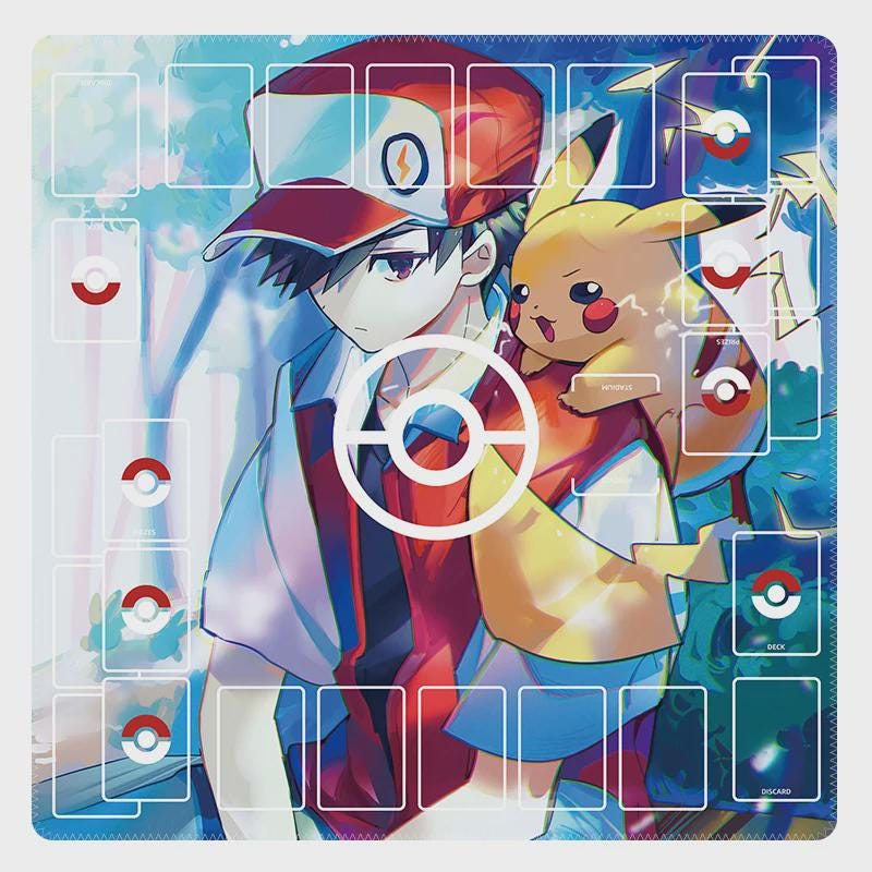Pikachu Red Duo Pokemon Playmat | 2 Player TCG Battle Mat | Double Field Resource & Battle Zones | Two-Player Layout | 24" x 24"