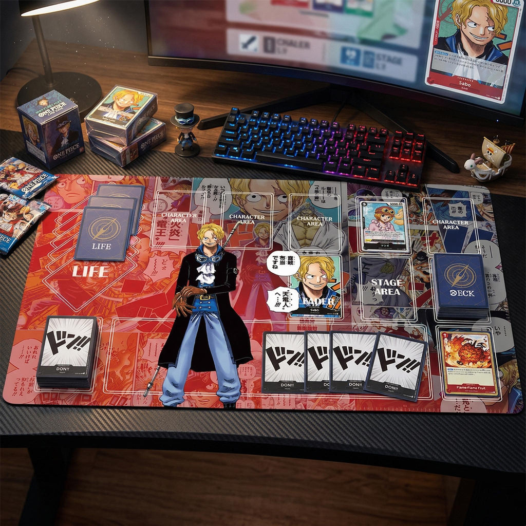 Sabo One Piece TCG Playmat – Manga Panel Design – Custom Trading Card Game Mat – OP-04 Leader Inspired – TCG Desk Mat with Zones 24" x 14"