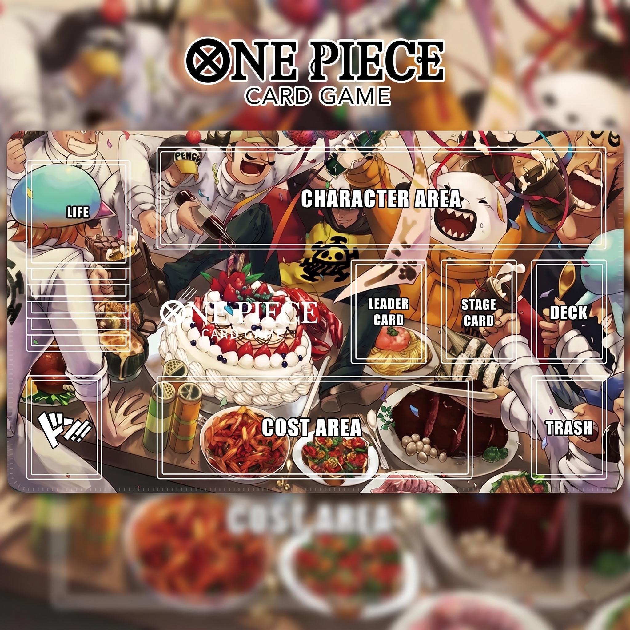 One Piece TCG Card Game Playmat - Heart Pirates Celebration Feast - Anime Desk Mat with Card Zones - Stitched Edge TCG Mat
