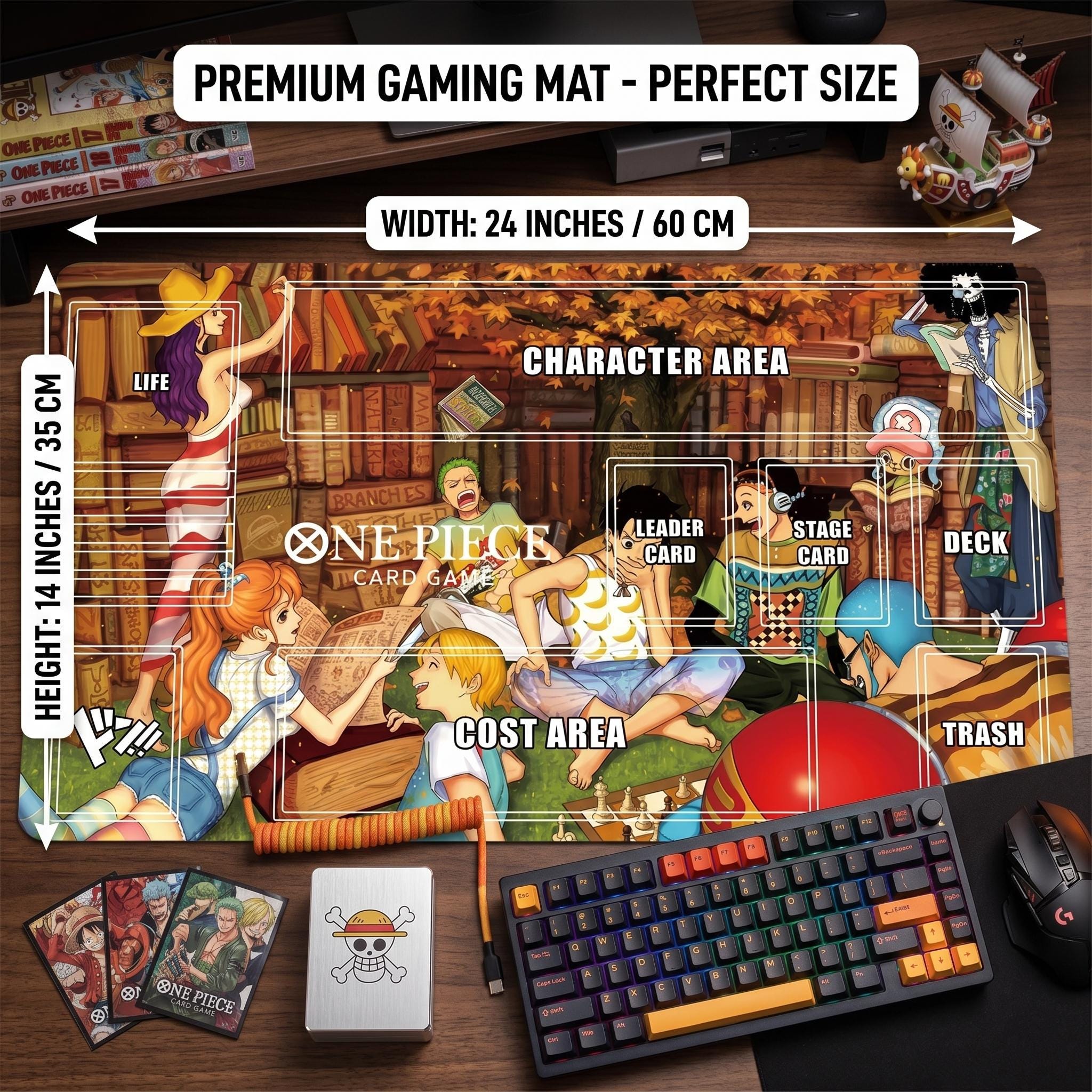 One Piece TCG Playmat with Card Zones - Straw Hat Crew Library Design - Anime Card Game Mat - Premium TCG Accessories - 24x14 Inch Desk Mat