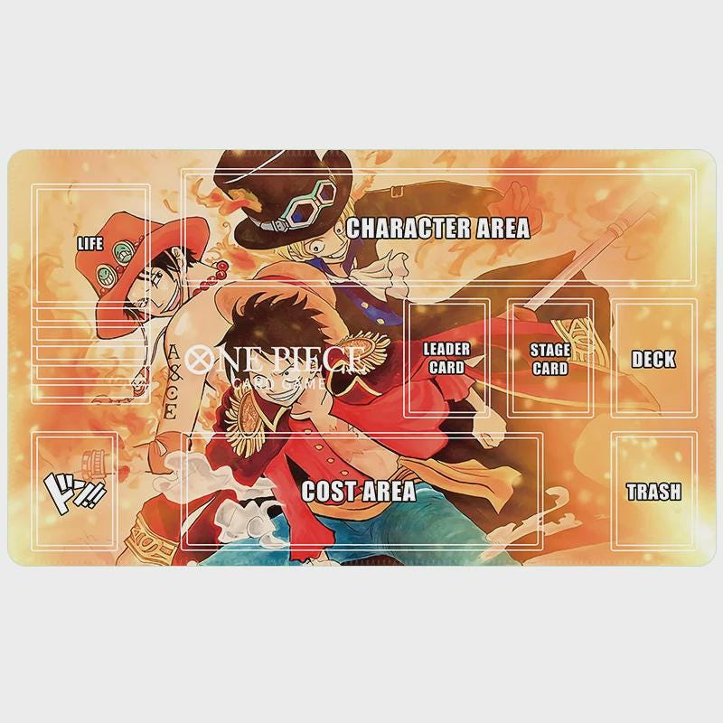 One Piece Card Game Playmat - ASL Brothers Luffy Ace Sabo TCG Desk Mat with Game Zones - High Quality Anime TCG Accessories - 24x14 Card Mat