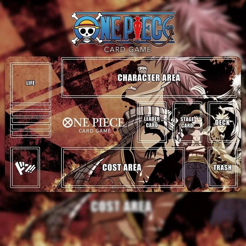 Custom Anime Crossover Playmat for One Piece TCG - OPTCG Mat with Zones - Natsu, Luffy, Naruto, Gintoki Multiverse Design - 24" x 14"