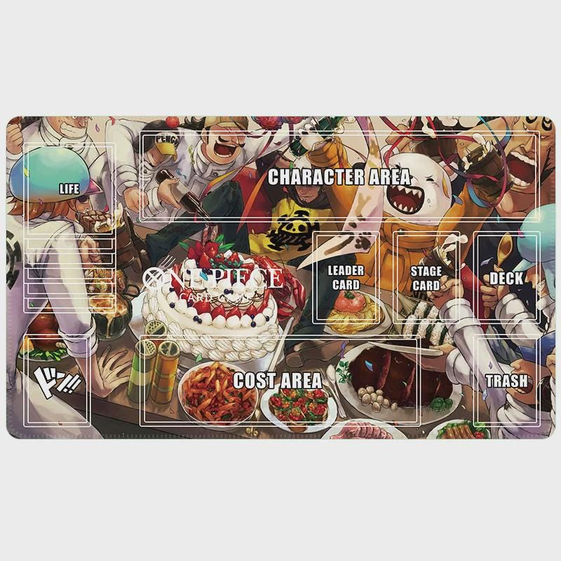 One Piece TCG Card Game Playmat - Heart Pirates Celebration Feast - Anime Desk Mat with Card Zones - Stitched Edge TCG Mat