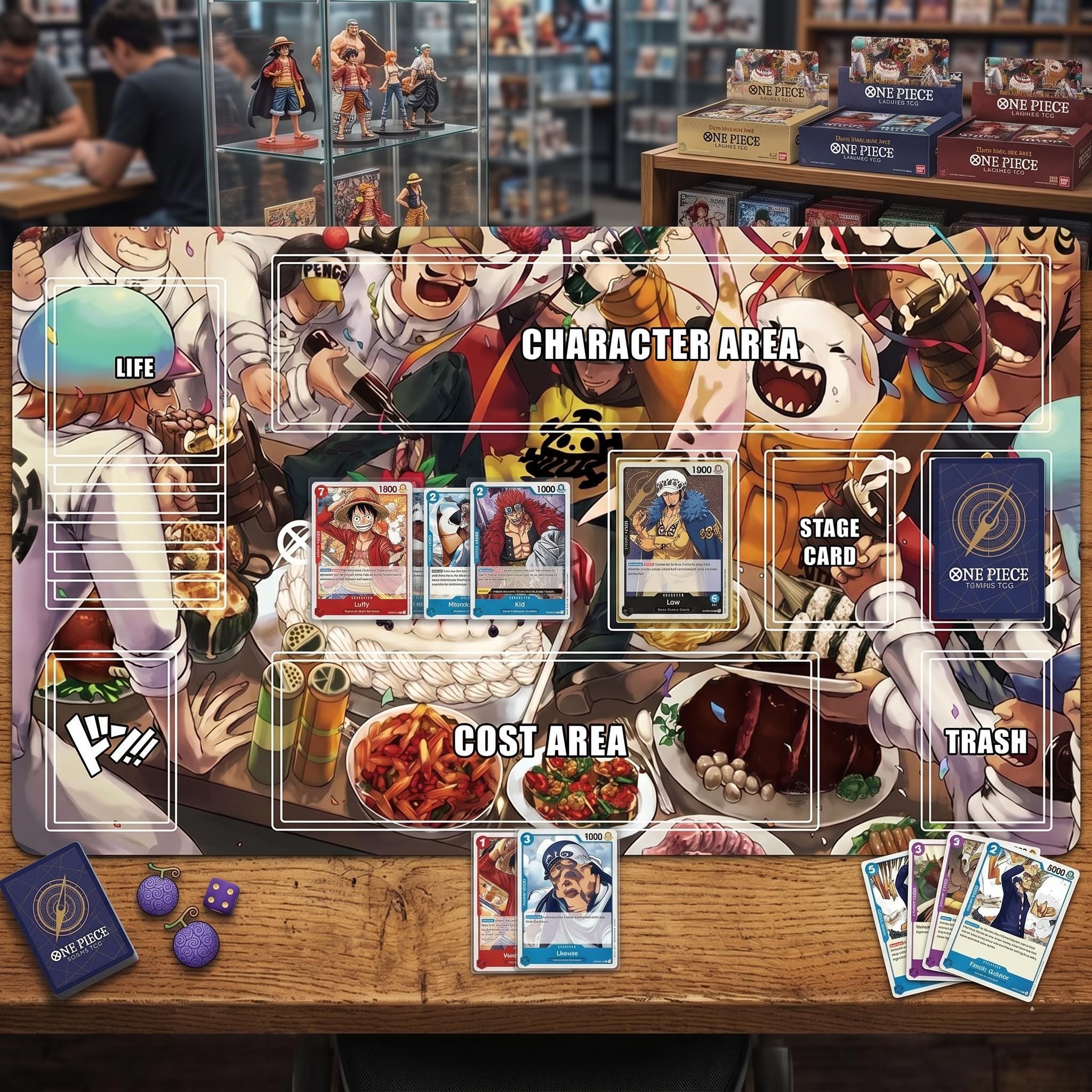 One Piece TCG Card Game Playmat - Heart Pirates Celebration Feast - Anime Desk Mat with Card Zones - Stitched Edge TCG Mat