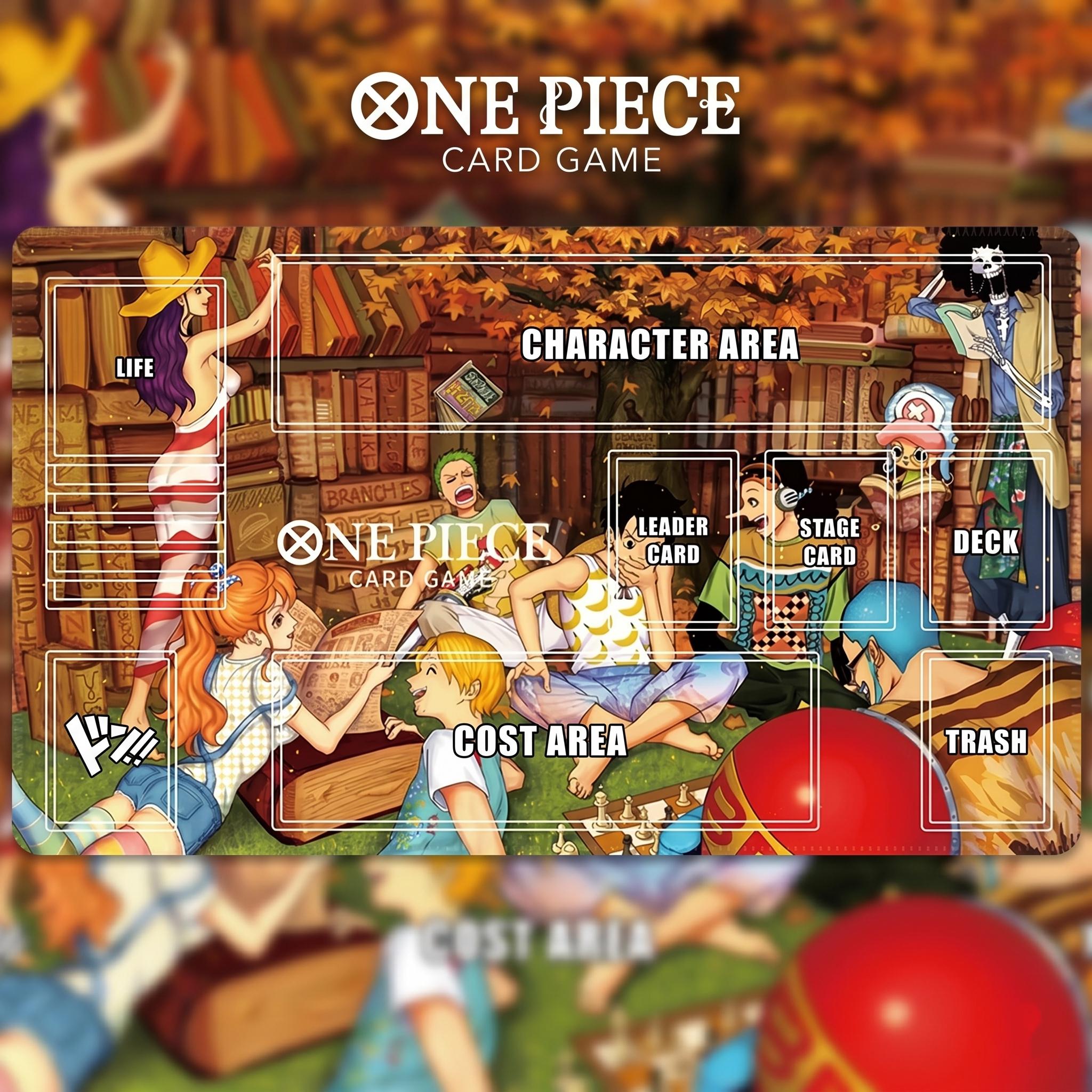One Piece TCG Playmat with Card Zones - Straw Hat Crew Library Design - Anime Card Game Mat - Premium TCG Accessories - 24x14 Inch Desk Mat