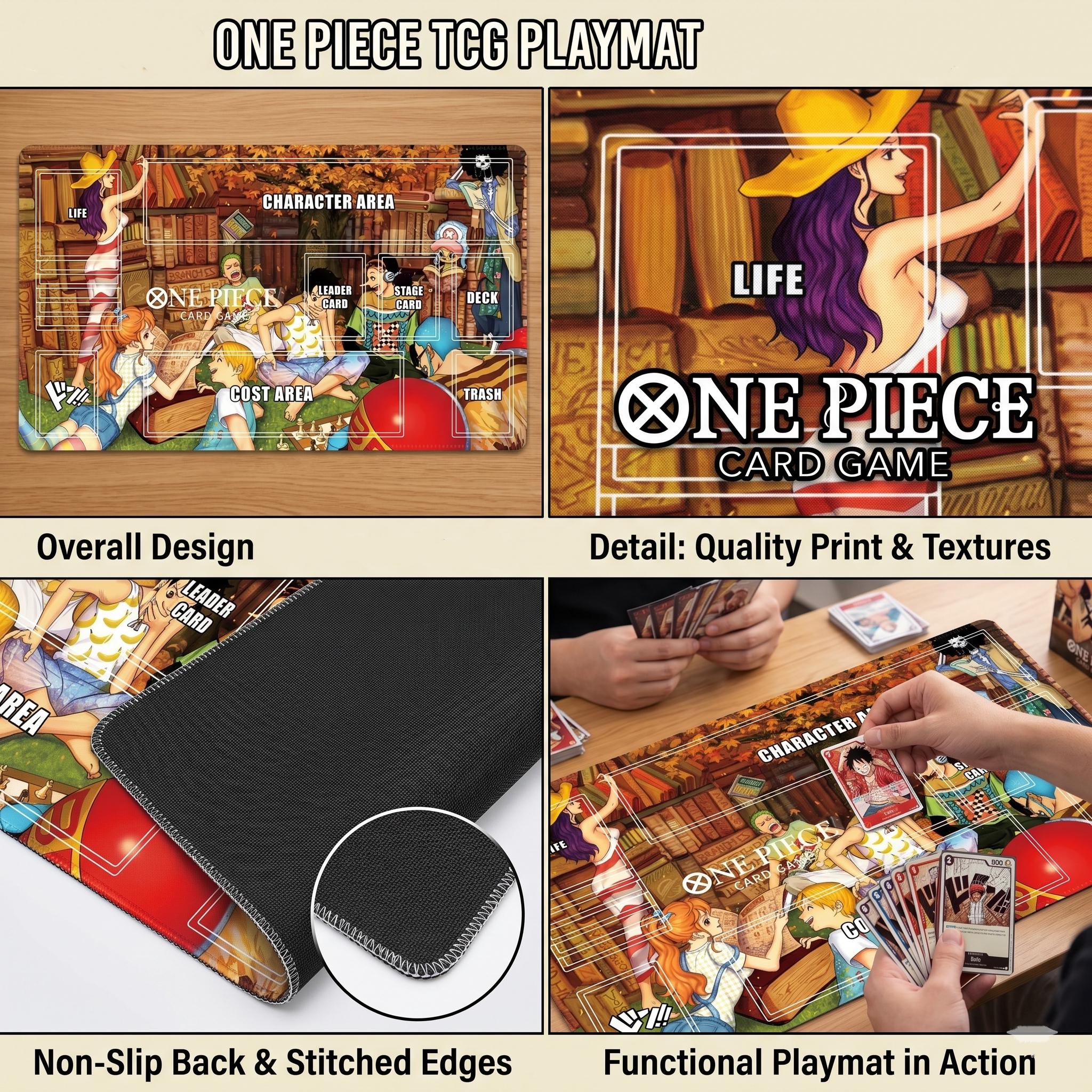 One Piece TCG Playmat with Card Zones - Straw Hat Crew Library Design - Anime Card Game Mat - Premium TCG Accessories - 24x14 Inch Desk Mat