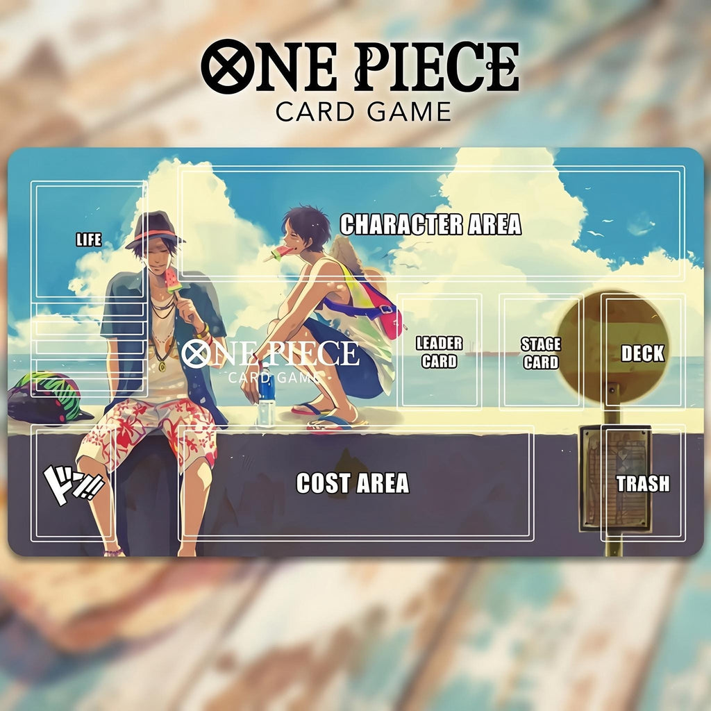 One Piece TCG Playmat with Zones - Luffy and Ace Summer Seaside Design - High-Quality Card Game Mat - TCG Accessories-Anime Gaming Desk Mat