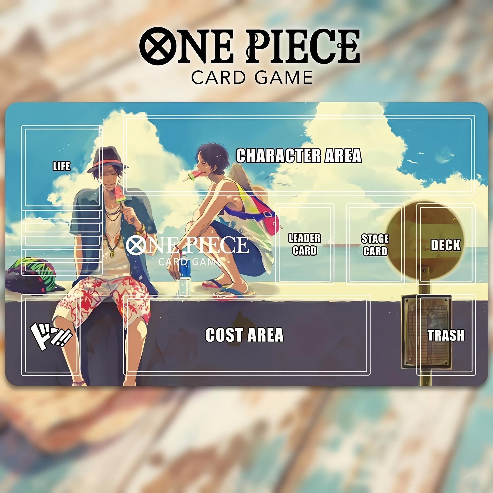 One Piece TCG Playmat with Zones - Luffy and Ace Summer Seaside Design - High-Quality Card Game Mat - TCG Accessories-Anime Gaming Desk Mat