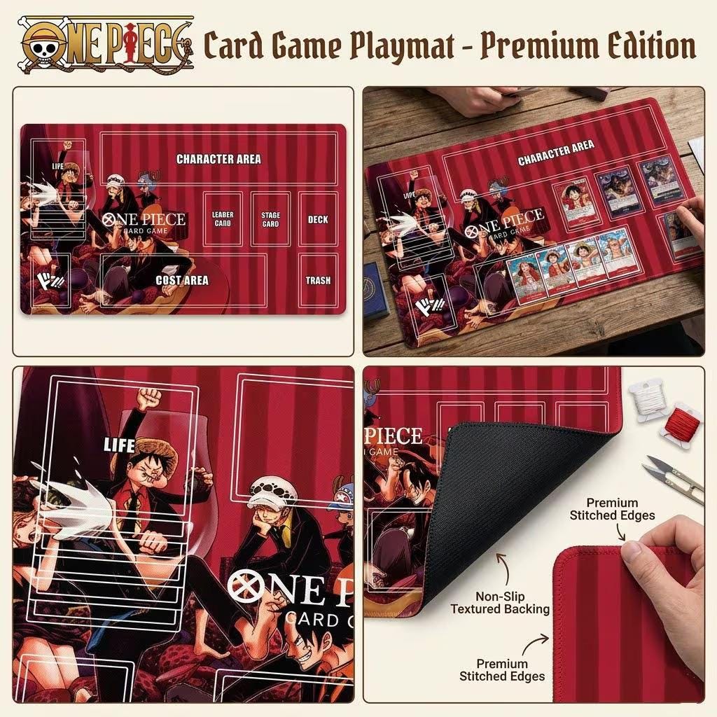 One Piece TCG Playmat with Zones | Luffy, Law, Ace & Chopper Suit Version | Custom Anime Card Game Mat | Desk Mat | Gift for One Piece Fans
