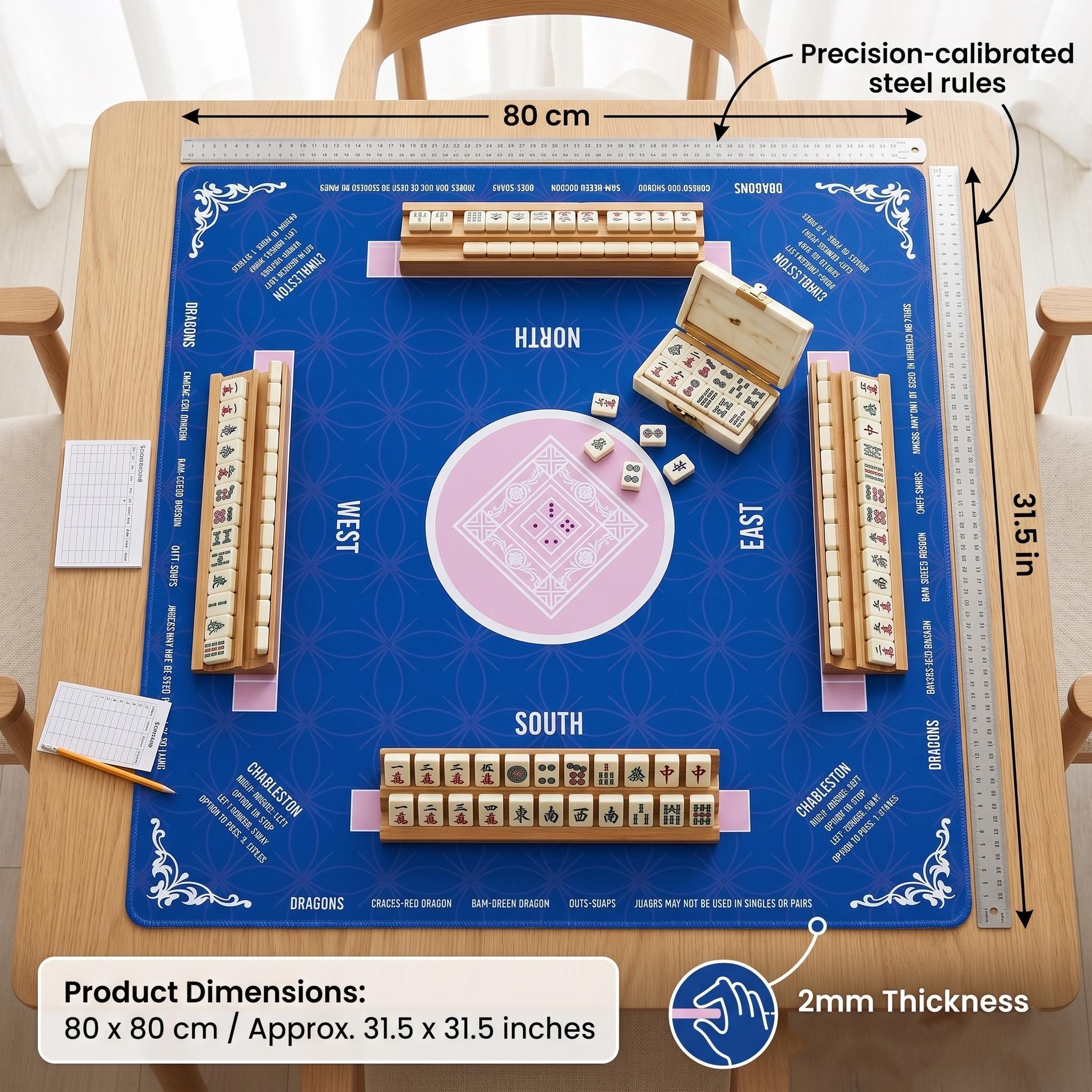 Custom Mahjong Mat Royal Blue, Non-Slip Noise Reduction Gaming Mat 31.5x31.5 Inch for Mahjong/Poker/Board Games/Card Games/Dominoes (Blue)