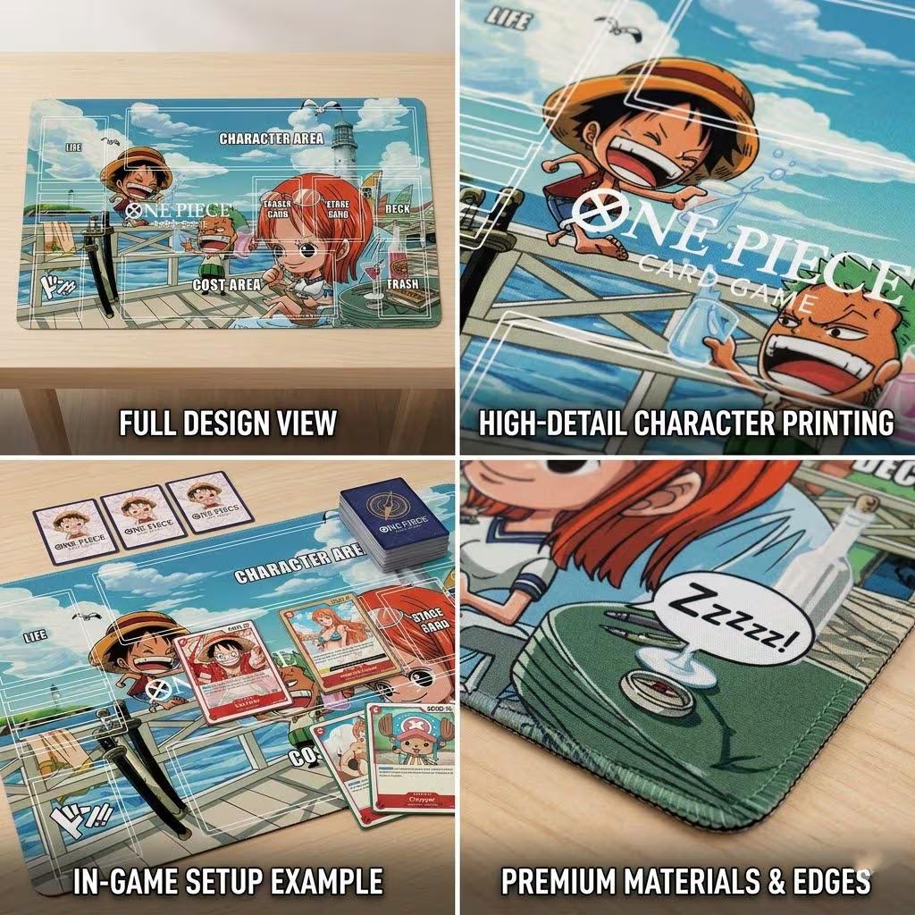 One Piece Card Game Playmat with Zones - Chibi Luffy Zoro Nami OPCG Mat - Anime TCG Desk Mat - Straw Hat Pirates Tabletop Gaming Accessories
